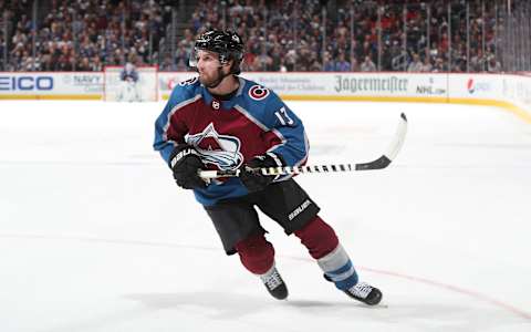 DENVER, CO – APRIL 17: Alexander Kerfoot #13 of the Colorado Avalanche skates against the Calgary Flames in Game Four of the Western Conference First Round during the 2019 NHL Stanley Cup Playoffs at the Pepsi Center on April 17, 2019 in Denver, Colorado. (Photo by Michael Martin/NHLI via Getty Images)