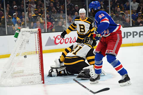 BOSTON, MA – MARCH 27: Mika Zibanejad #93 of the New York Rangers scores against Jaroslav Halak and Charlie Coyle #13 of the Boston Bruins at the TD Garden on March 27, 2019 in Boston, Massachusetts. (Photo by Steve Babineau/NHLI via Getty Images)