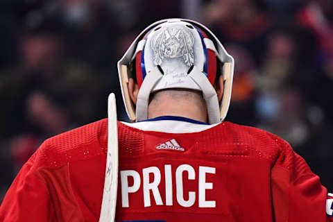 MONTREAL, QC – APRIL 15: A detailed view of goaltender Carey Price’s #31 helmet backplate during the first period against the New York Islanders at Centre Bell on April 15, 2022 in Montreal, Canada. The New York Islanders defeated the Montreal Canadiens 3-0. (Photo by Minas Panagiotakis/Getty Images)