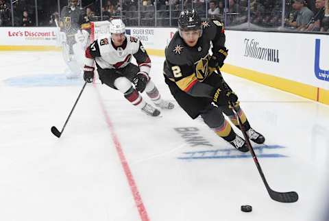 LAS VEGAS, NEVADA – SEPTEMBER 15: Zach Whitecloud #2 of the Vegas Golden Knights skates during the second period against the Arizona Coyotes at T-Mobile Arena on September 15, 2019 in Las Vegas, Nevada. (Photo by David Becker/NHLI via Getty Images)