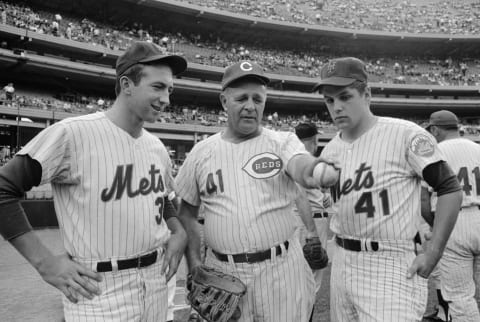 (Original Caption) Left to right are Johnny Vandermeer, former pitcher for Cincinnati Reds, who pitched two consecutive no-hitters, with Jerry Koosman, (L) and Tom Seaver, both of the New York Mets. Note how he holds the ball.