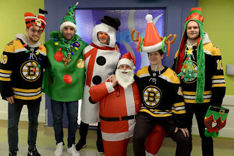 BOSTON, MA – DECEMBER 18 : Boston Bruins (L to R) Matt Grzelcyk, Patrice Bergeron, Chris Wagner, Charlie McAvoy, Torey Krug, and Anders Bjork visited the kids at Boston Children’s Hospital December 18, 2019 in Boston, Massachusetts. (Photo by Darren McCollester/Getty Images for Boston Children’s Hospital)