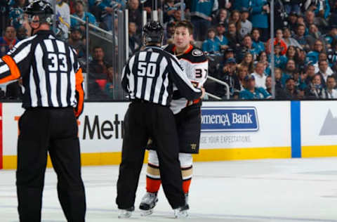 SAN JOSE, CA – APRIL 16: A referee separates Nick Ritchie #37 of the Anaheim Ducks against the San Jose Sharks in Game Three of the Western Conference First Round during the 2018 NHL Stanley Cup Playoffs. (Photo by Rocky W. Widner/NHL/Getty Images)