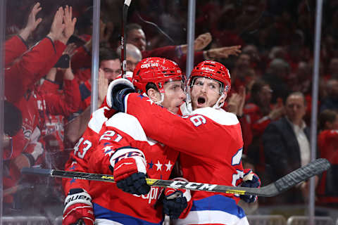 WASHINGTON, DC – MARCH 04: Garnet Hathaway #21 of the Washington Capitals celebrates his goal against the Philadelphia Flyers during the second period at Capital One Arena on March 4, 2020 in Washington, DC. (Photo by Patrick Smith/Getty Images)