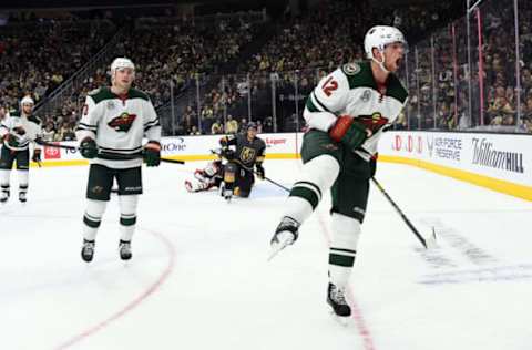 LAS VEGAS, NV – JANUARY 21: Eric Staal #12 of the Minnesota Wild celebrates after scoring a goal during the second period against the Vegas Golden Knights at T-Mobile Arena on January 21, 2019, in Las Vegas, Nevada. (Photo by Jeff Bottari/NHLI via Getty Images)