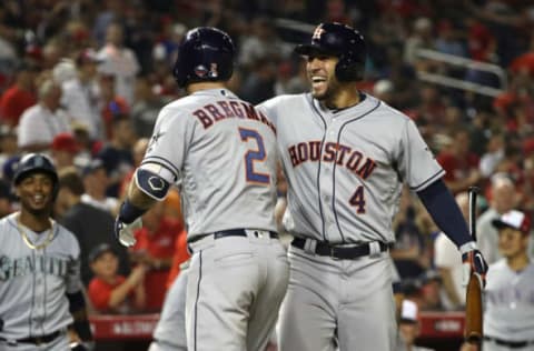 WASHINGTON, DC – JULY 17: Alex Bregman #2 of the Houston Astros and the American League celebrates with George Springer #4 of the Houston Astros and the American League after hitting a solo home run in the tenth inning during the 89th MLB All-Star Game, presented by Mastercard at Nationals Park on July 17, 2018 in Washington, DC. (Photo by Patrick Smith/Getty Images)