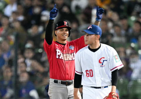 Panama’s Ruben Tejada celebrates a run-producing hit against Chinese Taipei. (Photo by Gene Wang/Getty Images)