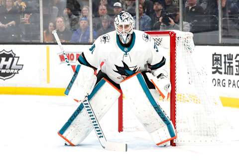 BOSTON, MA – FEBRUARY 26: San Jose Sharks goalie Martin Jones (31) watches play during a game between the Boston Bruins and the San Jose Sharks on February 26, 2019, at TD Garden in Boston, Massachusetts. (Photo by Fred Kfoury III/Icon Sportswire via Getty Images)