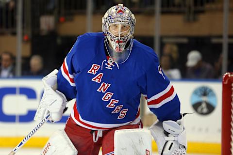 Sep 29, 2016; New York, NY, USA; New York Rangers goalie Mackenzie Skapski (70) in action against the New Jersey Devils at Madison Square Garden. Mandatory Credit: Brad Penner-USA TODAY Sports