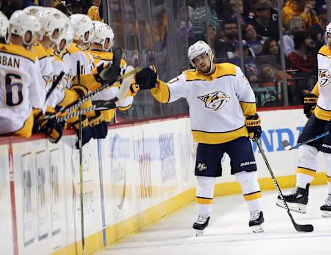 NEW YORK, NY – OCTOBER 06: Viktor Arvidsson #33 of the Nashville Predators celebrates his goal at 16:42 of the second period- against the New York Islanders at the Barclays Center on October 06, 2018 in the Brooklyn borough of New York City. (Photo by Bruce Bennett/Getty Images)