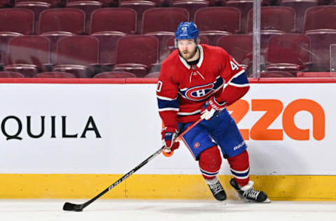 MONTREAL, QC – FEBRUARY 13: Joel Armia #40 of the Montreal Canadiens skates the puck against the Buffalo Sabres during the second period at Centre Bell on February 13, 2022 in Montreal, Canada. The Buffalo Sabres defeated the Montreal Canadiens 5-3. (Photo by Minas Panagiotakis/Getty Images)