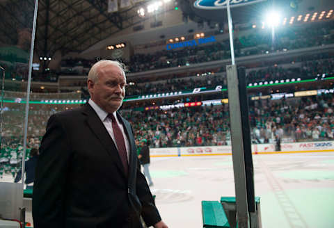 Apr 7, 2016; Dallas, TX, USA; Dallas Stars head coach Lindy Ruff leaves the ice after defeating the Colorado Avalanche 4-2 at the American Airlines Center. Mandatory Credit: Jerome Miron-USA TODAY Sports