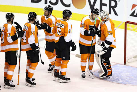 TORONTO, ONTARIO – AUGUST 12: Carter Hart Philadelphia Flyers Montreal Canadiens 2-1. (Photo by Elsa/Getty Images)