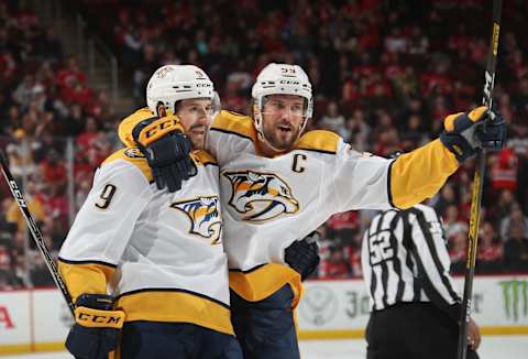 Filip Forsberg #9 and Roman Josi #59 of the Nashville Predators (Photo by Bruce Bennett/Getty Images)