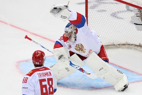 SOCHI, RUSSIA – AUGUST 5, 2017: Russia’s goaltender Igor Shestyorkin (R) defends against Sochi’s Nikita Tryamkin in their Sochi Hockey Open 2017 match at Sochi’s Bolshoi Palace of Sports. Artyom Korotayev/TASS (Photo by Artyom KorotayevTASS via Getty Images)