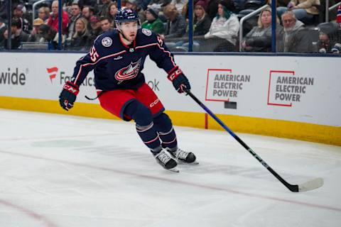 Nov 29, 2023; Columbus, Ohio, USA; Columbus Blue Jackets defenseman David Jiricek (55) skates after the puck in the game against the Montreal Canadiens in the first period at Nationwide Arena. Mandatory Credit: Aaron Doster-USA TODAY Sports