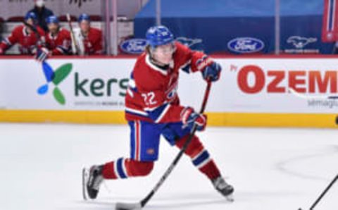 MONTREAL, QC – MAY 03: Cole Caufield #22 of the Montreal Canadiens takes a shot and scores the game winning goal for a final score of 3-2 against the Toronto Maple Leafs in overtime at the Bell Centre on May 3, 2021 in Montreal, Canada. (Photo by Minas Panagiotakis/Getty Images)