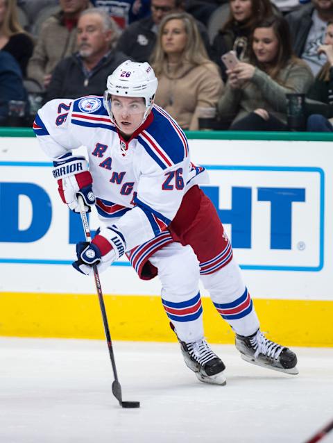 Dec 15, 2016; Dallas, TX, USA; New York Rangers left wing Jimmy Vesey (26) in action during the game against the Dallas Stars at the American Airlines Center. The Rangers shut out the Stars 2-0. Mandatory Credit: Jerome Miron-USA TODAY Sports