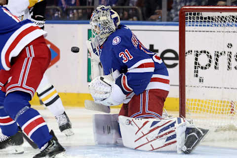 Apr 7, 2022; New York, New York, USA; New York Rangers goaltender Igor Shesterkin (31) makes a save against the Pittsburgh Penguins during the second period at Madison Square Garden. Mandatory Credit: Brad Penner-USA TODAY Sports