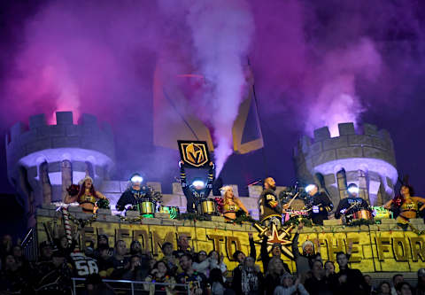 LAS VEGAS, NEVADA – DECEMBER 23: Members of the Vegas Golden Knights Knight Line Drumbots and Vegas Vivas! cheerleaders celebrate in the Castle after a third-period goal by William Carrier #28 against the Colorado Avalanche during their game at T-Mobile Arena on December 23, 2019 in Las Vegas, Nevada. The Avalanche defeated the Golden Knights 7-3. (Photo by Ethan Miller/Getty Images)