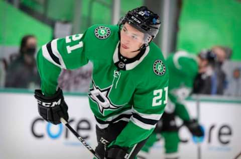 Feb 9, 2021; Dallas, Texas, USA; Dallas Stars, #21 Jason Robertson Mandatory Credit: Jerome Miron-USA TODAY Sports