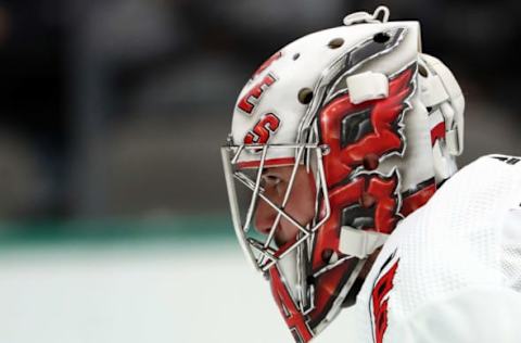 DALLAS, TEXAS – FEBRUARY 11: Petr Mrazek #34 of the Carolina Hurricanes in goal against the Dallas Stars at American Airlines Center on February 11, 2020 in Dallas, Texas. (Photo by Ronald Martinez/Getty Images)