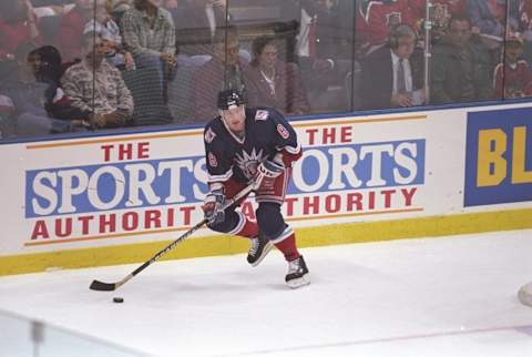 25 Apr 1997: Right wing Patrick Flatley of the New York Rangers skates down the ice during a playoff game against the Florida Panthers at the Miami Arena in Miami, Florida. The Rangers won the game 3-2. Mandatory Credit: Andy Lyons /Allsport