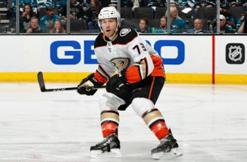 SAN JOSE, CA – APRIL 18: Andy Welinski #73 of the Anaheim Ducks looks on in Game Four of the Western Conference First Round against the San Jose Sharks during the 2018 NHL Stanley Cup Playoffs at SAP Center on April 18, 2018, in San Jose, California. (Photo by Scott Dinn/NHLI via Getty Images)