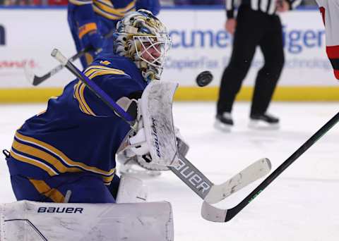 Dec 29, 2021; Buffalo, New York, USA; Buffalo Sabres goaltender Ukko-Pekka Luukkonen (1) looks to make a save during the third period against the New Jersey Devils at KeyBank Center. Mandatory Credit: Timothy T. Ludwig-USA TODAY Sports