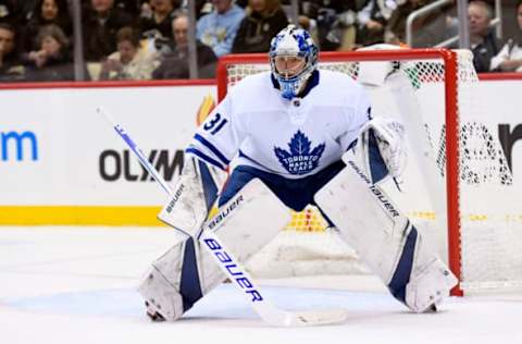 PITTSBURGH, PA – NOVEMBER 03: Toronto Maple Leafs Goalie Frederik Andersen (31) tends net during the first period in the NHL game between the Pittsburgh Penguins and the Toronto Maple Leafs on November 3, 2018, at PPG Paints Arena in Pittsburgh, PA. (Photo by Jeanine Leech/Icon Sportswire via Getty Images)