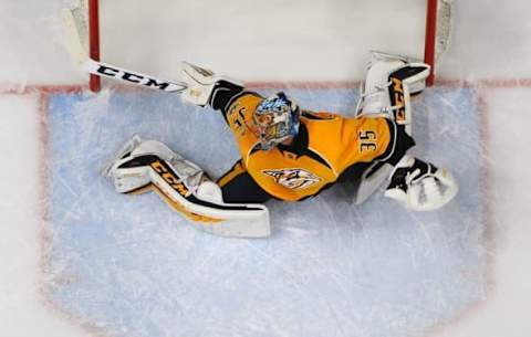 NHL Power Rankings: Nashville Predators goalie Pekka Rinne (35) makes a save during the third period against the Montreal Canadiens at Bridgestone Arena. The Canadiens won 2-1 in overtime. Mandatory Credit: Christopher Hanewinckel-USA TODAY Sports