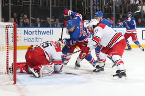 NEW YORK, NY – JANUARY 15: Curtis McElhinney #35 of the Carolina Hurricanes makes a save against Vladislav Namestnikov #90 of the New York Rangers at Madison Square Garden on January 15, 2019 in New York City. (Photo by Jared Silber/NHLI via Getty Images)