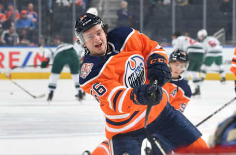 EDMONTON, AB – OCTOBER 30: Kailer Yamamoto #56 of the Edmonton Oilers warms up prior to the game against the Minnesota Wild on October 30, 2018 at Rogers Place in Edmonton, Alberta, Canada. (Photo by Andy Devlin/NHLI via Getty Images)