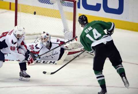 Feb 13, 2016; Dallas, TX, USA; Dallas Stars left wing Jamie Benn (14) scores a goal against Washington Capitals goalie Braden Holtby (70) during the second period at the American Airlines Center. Mandatory Credit: Jerome Miron-USA TODAY Sports