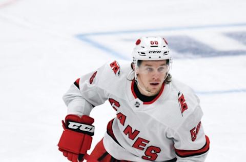 ANAHEIM, CA – OCTOBER 18: Carolina Hurricanes center Erik Haula (56) in action during a game against the Anaheim Ducks played on October 18, 2019 at the Honda Center in Anaheim, CA. (Photo by John Cordes/Icon Sportswire via Getty Images)