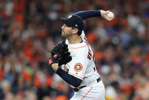 HOUSTON, TX – OCTOBER 18: Justin Verlander #35 of the Houston Astros pitches in the fifth inning against the Boston Red Sox during Game Five of the American League Championship Series at Minute Maid Park on October 18, 2018 in Houston, Texas. (Photo by Elsa/Getty Images)