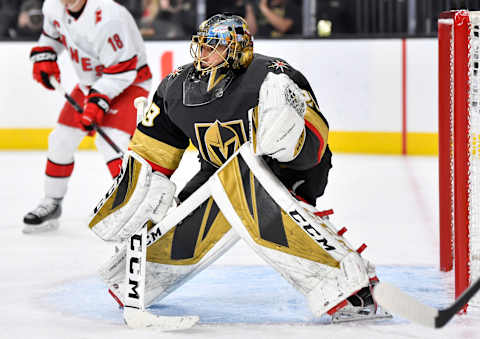 LAS VEGAS, NEVADA – FEBRUARY 08: Marc-Andre Fleury #29 of the Vegas Golden Knights tends net during the second period against the Carolina Hurricanes at T-Mobile Arena on February 08, 2020 in Las Vegas, Nevada. (Photo by Jeff Bottari/NHLI via Getty Images)