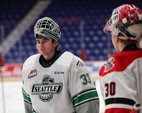 LANGLEY, BRITISH COLUMBIA – JANUARY 24: Goaltender Scott Ratzlaff #33 of the Seattle Thunderbirds skates for Team White during the 2023 Kubota CHL Top Prospects Game Practice at the Langley Events Centre on January 24, 2023 in Langley, British Columbia. (Photo by Dennis Pajot/Getty Images)