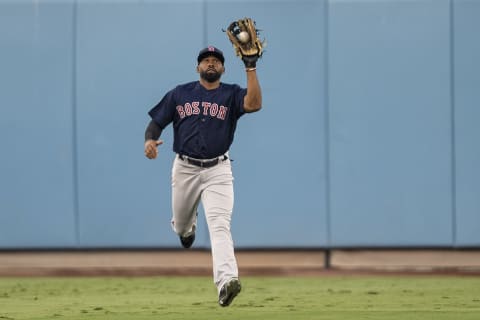 LOS ANGELES, CA – OCTOBER 26: Jackie Bradley Jr. #19 of the Boston Red Sox catches a fly ball during the second inning of game three of the 2018 World Series against the Los Angeles Dodgers on October 26, 2018 at Dodger Stadium in Los Angeles, California. (Photo by Billie Weiss/Boston Red Sox/Getty Images)