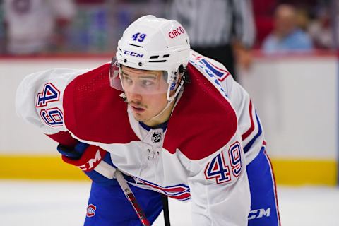 Dec 30, 2021; Raleigh, North Carolina, USA; Montreal Canadiens left wing Rafael Harvey-Pinard. Mandatory Credit: James Guillory-USA TODAY Sports