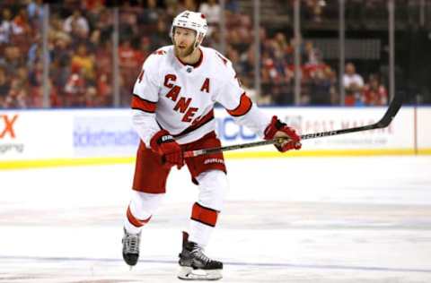 SUNRISE, FLORIDA – OCTOBER 08: Jaccob Slavin #74 of the Carolina Hurricanes prepares for a face-off against the Florida Panthers during the second period at BB&T Center on October 08, 2019 in Sunrise, Florida. (Photo by Michael Reaves/Getty Images)