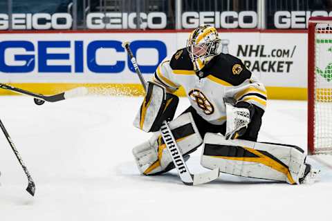 WASHINGTON, DC – MAY 11: Jeremy Swayman #1 of the Boston Bruins looks to make a save against the Washington Capitals during the second period of the game at Capital One Arena on May 11, 2021 in Washington, DC. (Photo by Scott Taetsch/Getty Images)