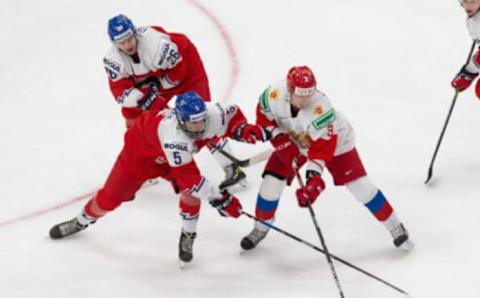 EDMONTON, AB – DECEMBER 27: Artemi Knyazev #3 of Russia skates against Stanislav Svozil #5 of the Czech Republic during the 2021 IIHF World Junior Championship at Rogers Place on December 27, 2020 in Edmonton, Canada. (Photo by Codie McLachlan/Getty Images)