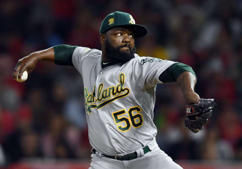 ANAHEIM, CA – SEPTEMBER 29: Oakland Athletics pitcher Fernando Roddney (56) in action during the seventh inning of a game against the Los Angeles Angels of Anaheim played on September 29, 2018 at Angel Stadium of Anaheim in Anaheim, CA. (Photo by John Cordes/Icon Sportswire via Getty Images)