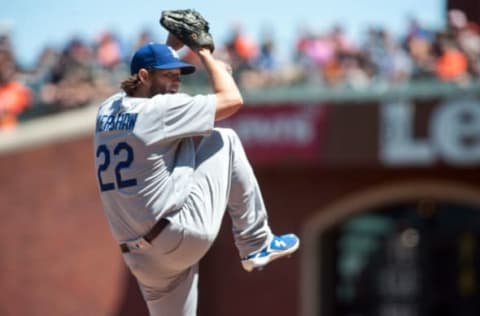 May 17, 2017; San Francisco, CA, USA; Los Angeles Dodgers starting pitcher Kershaw (22) throws a pitch during the sixth inning of the game against the San Francisco Giants at AT&T Park. Mandatory Credit: Ed Szczepanski-USA TODAY Sports