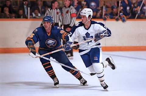 TORONTO, ON – OCTOBER 30: Frank Nigro #32 of the Toronto Maple Leafs and Mike Ramsey #5 of the Buffalo Sabres skate up ice at Maple Leaf Gardens in Toronto, Ontario, Canada on October 30, 1982 (Photo by Graig Abel Collection/Getty Images)