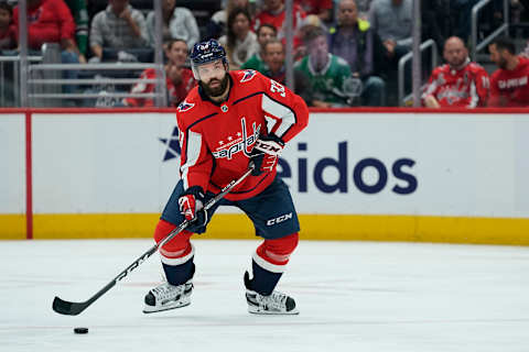 WASHINGTON, DC – OCTOBER 08: Radko Gudas #33 of the Washington Capitals skates with the puck in the third period against the Dallas Stars at Capital One Arena on October 8, 2019 in Washington, DC. (Photo by Patrick McDermott/NHLI via Getty Images)