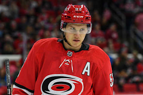 RALEIGH, NC – OCTOBER 07: Carolina Hurricanes Left Wing Jeff Skinner (53) skates in a timeout during a game between the Minnesota Wild and the Carolina Hurricanes at the PNC Arena in Raleigh, NC on October 7, 2017. Carolina defeated Minnesota 5 – 4 in a shootout. (Photo by Greg Thompson/Icon Sportswire via Getty Images)