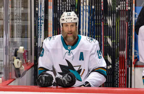 WINNIPEG, MB – MARCH 12: Joe Thornton #19 of the San Jose Sharks looks on from the bench during second period action against the Winnipeg Jets at the Bell MTS Place on March 12, 2019 in Winnipeg, Manitoba, Canada. The Sharks defeated the Jets 5-4. (Photo by Jonathan Kozub/NHLI via Getty Images)