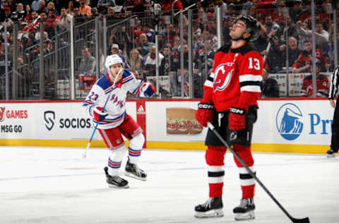 NEWARK, NEW JERSEY – APRIL 18: h23 celebrates a first-period powerplay goal by Michael McLeod #20 (not shown) against Nico Hischier #13 and the New Jersey Devils of Game One in the First Round of the 2023 Stanley Cup Playoffs at the Prudential Center on April 18, 2023, in Newark, New Jersey. (Photo by Bruce Bennett/Getty Images)